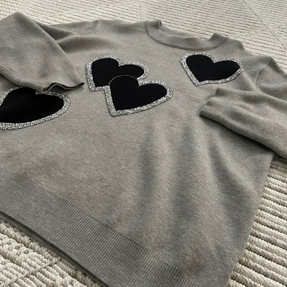 Gray Womens Crewneck Black Sequin Heart Pullover Knit Top NTW - Picture 8 of 9